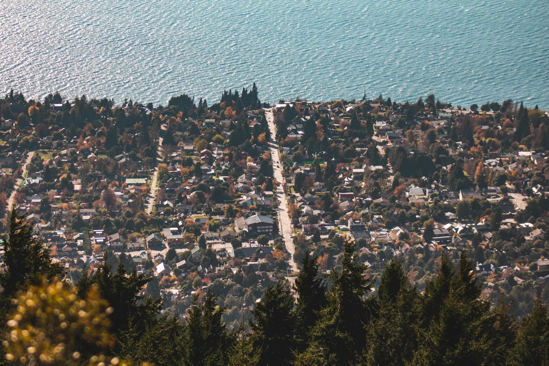 Stunning aerial view of San Carlos de Bariloche with Llao Llao in the background.