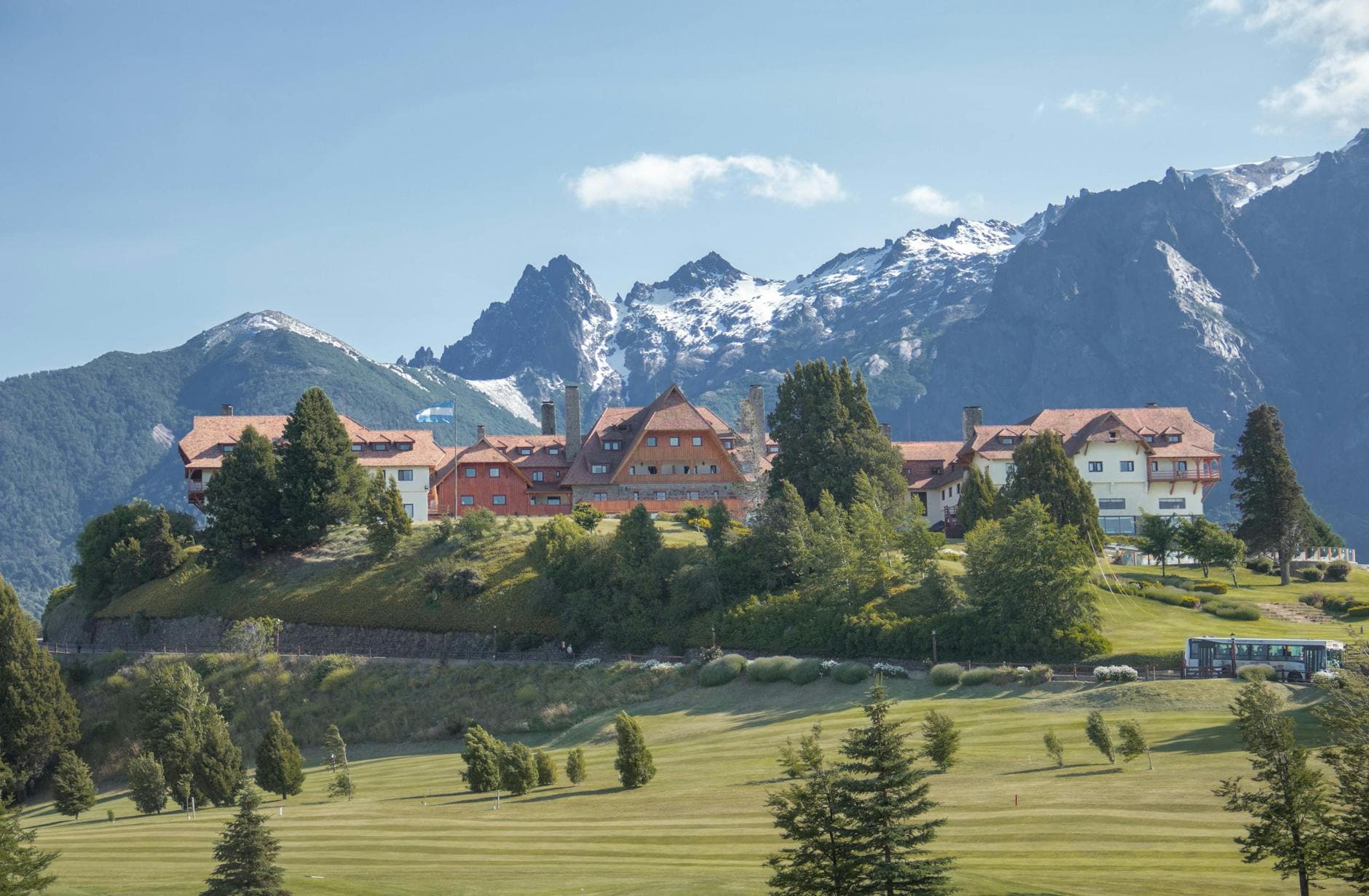 A beautiful hotel set against the majestic Andes mountains in San Carlos de Bariloche, Argentina.