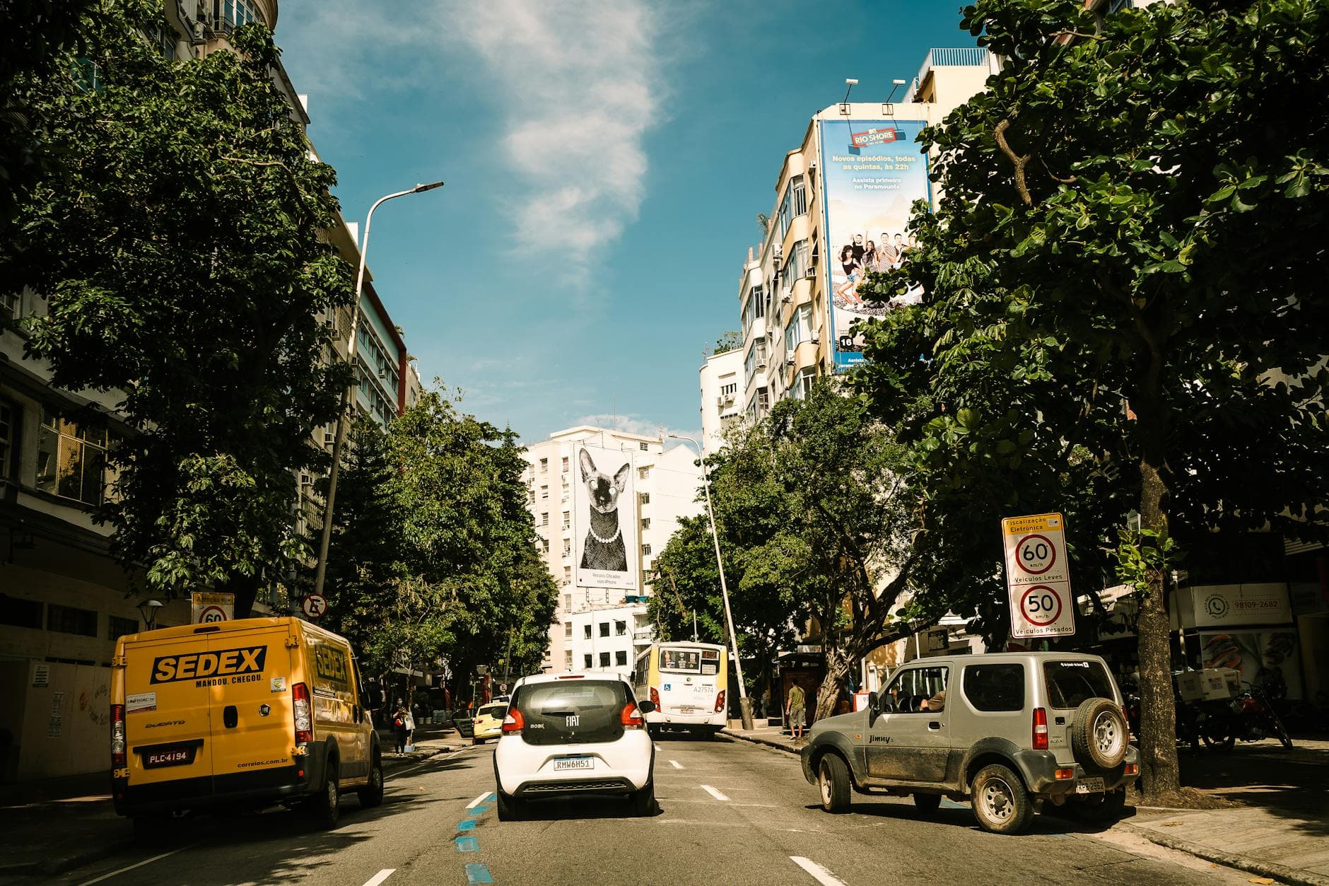 A vibrant street scene in Rio de Janeiro showcasing cars, trees, and a mural under clear skies.