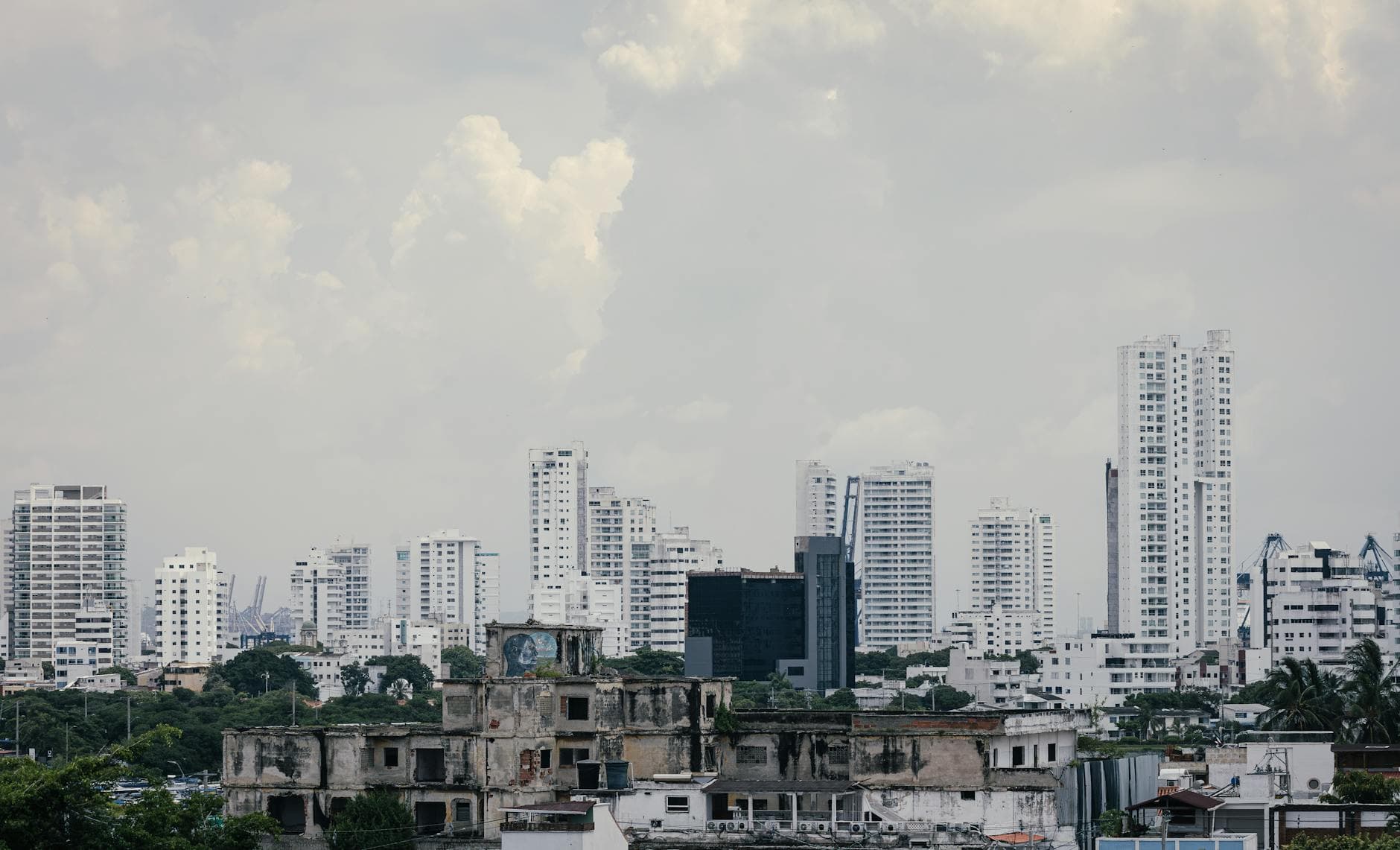 Skyline of Cartagena, Colombia, showcasing modern skyscrapers alongside historical architecture.