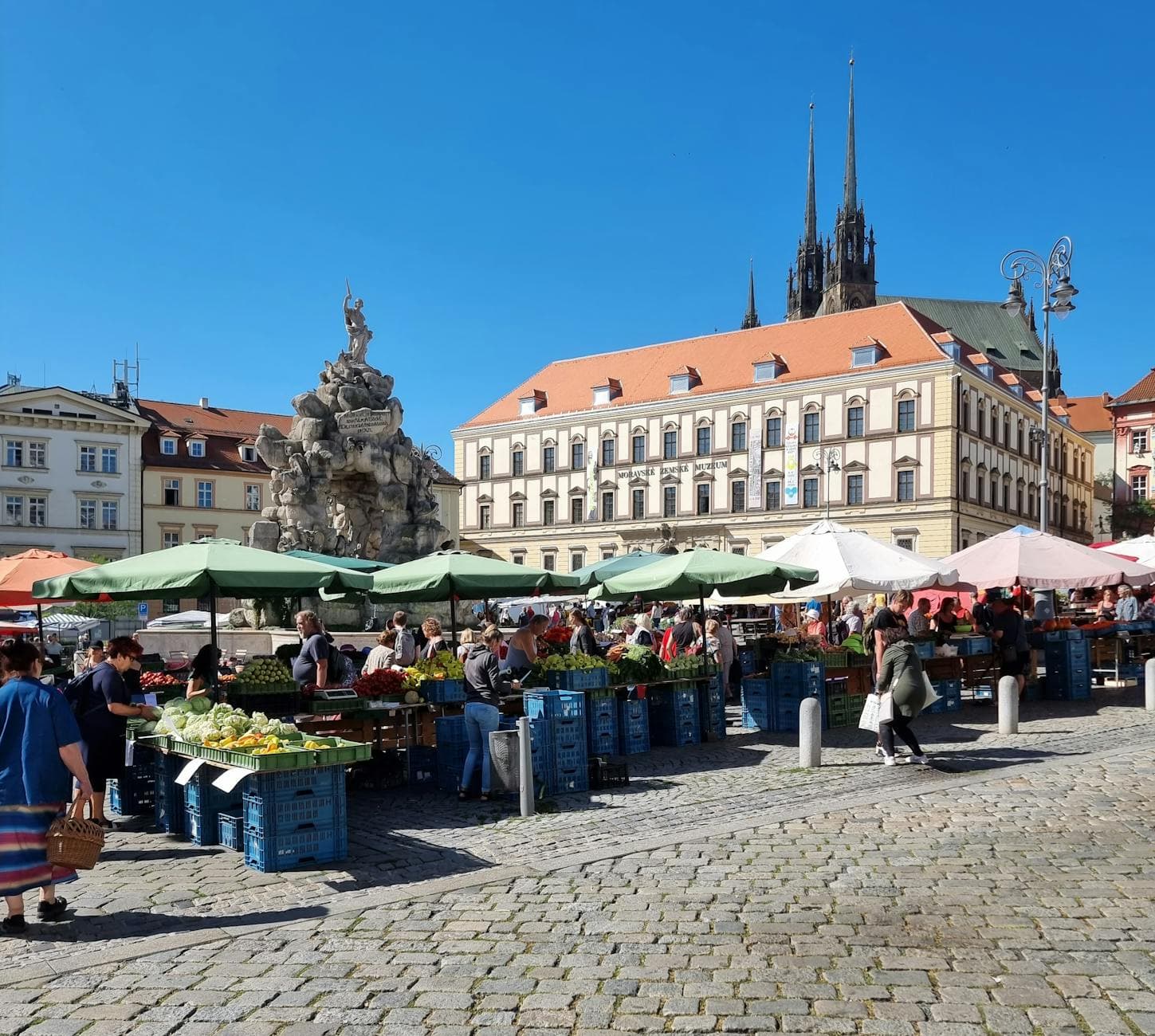 Bustling outdoor market at Zelny trh square in Brno, showcasing local produce and lively atmosphere.