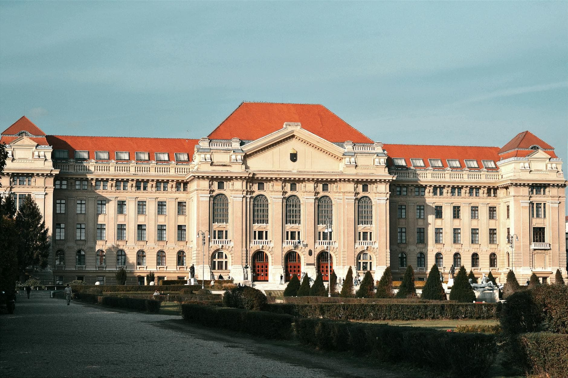 Historic university facade with baroque architecture in Debrecen, Hungary.