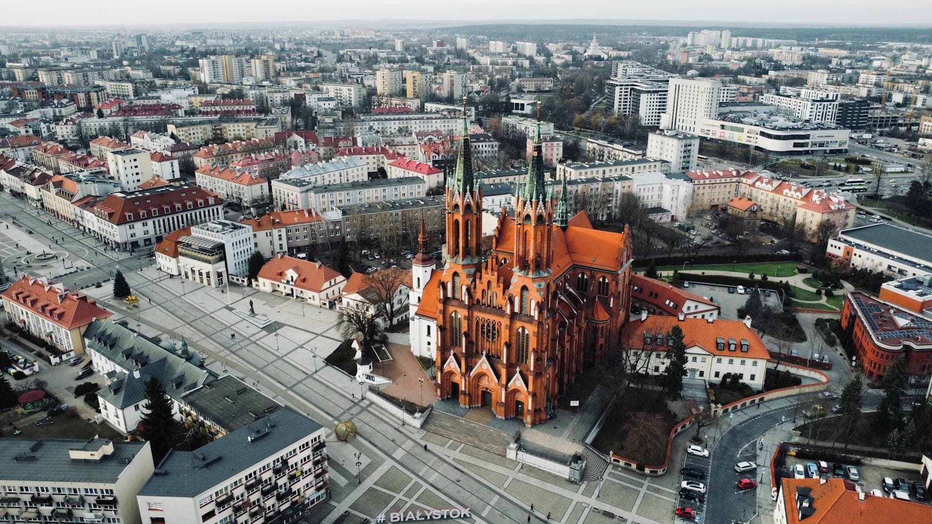 Stunning aerial view of Białystok showcasing the Cathedral with surrounding architecture.