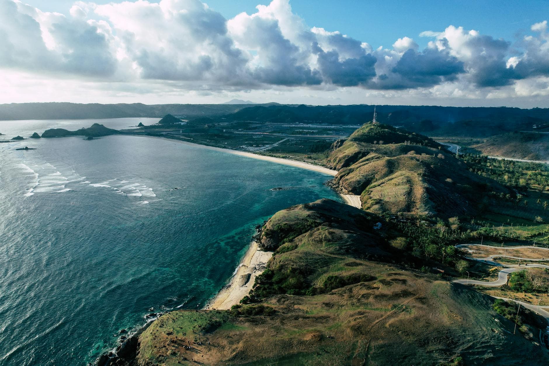 Breathtaking aerial capture of Lombok's pristine Mandalika beach and coastline.