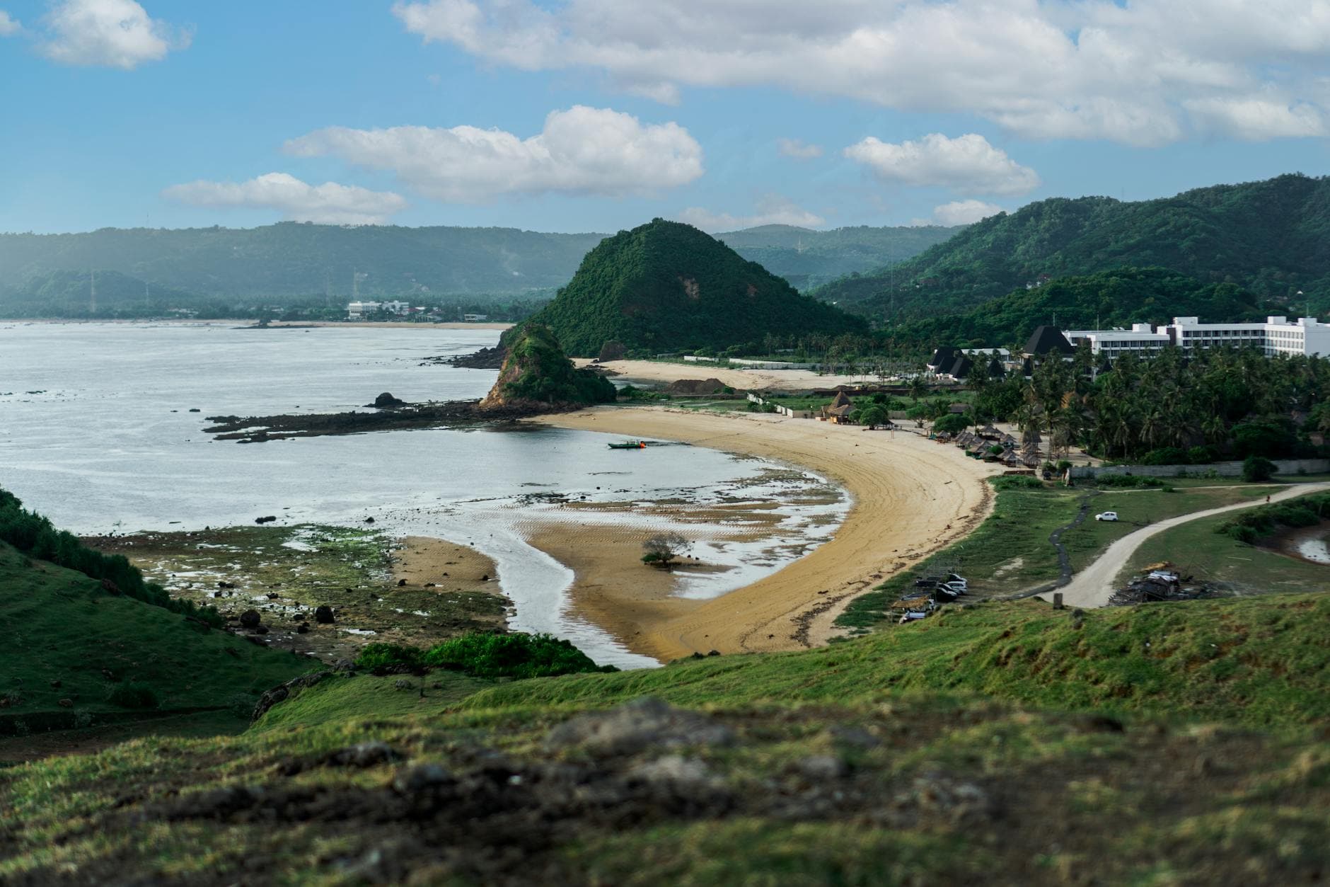 Aerial view of a picturesque beach along the coast of Lombok, Indonesia.