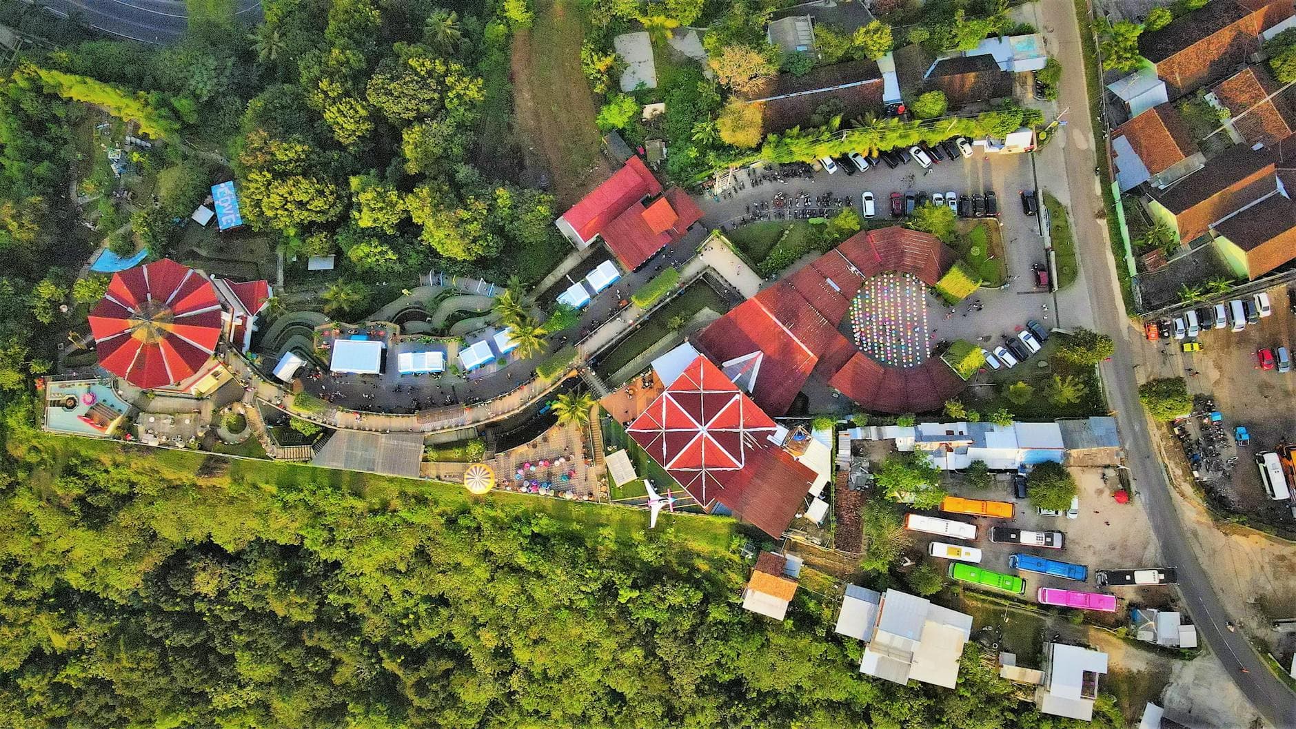 Stunning aerial view of an urban park and buildings in Yogyakarta, Indonesia.