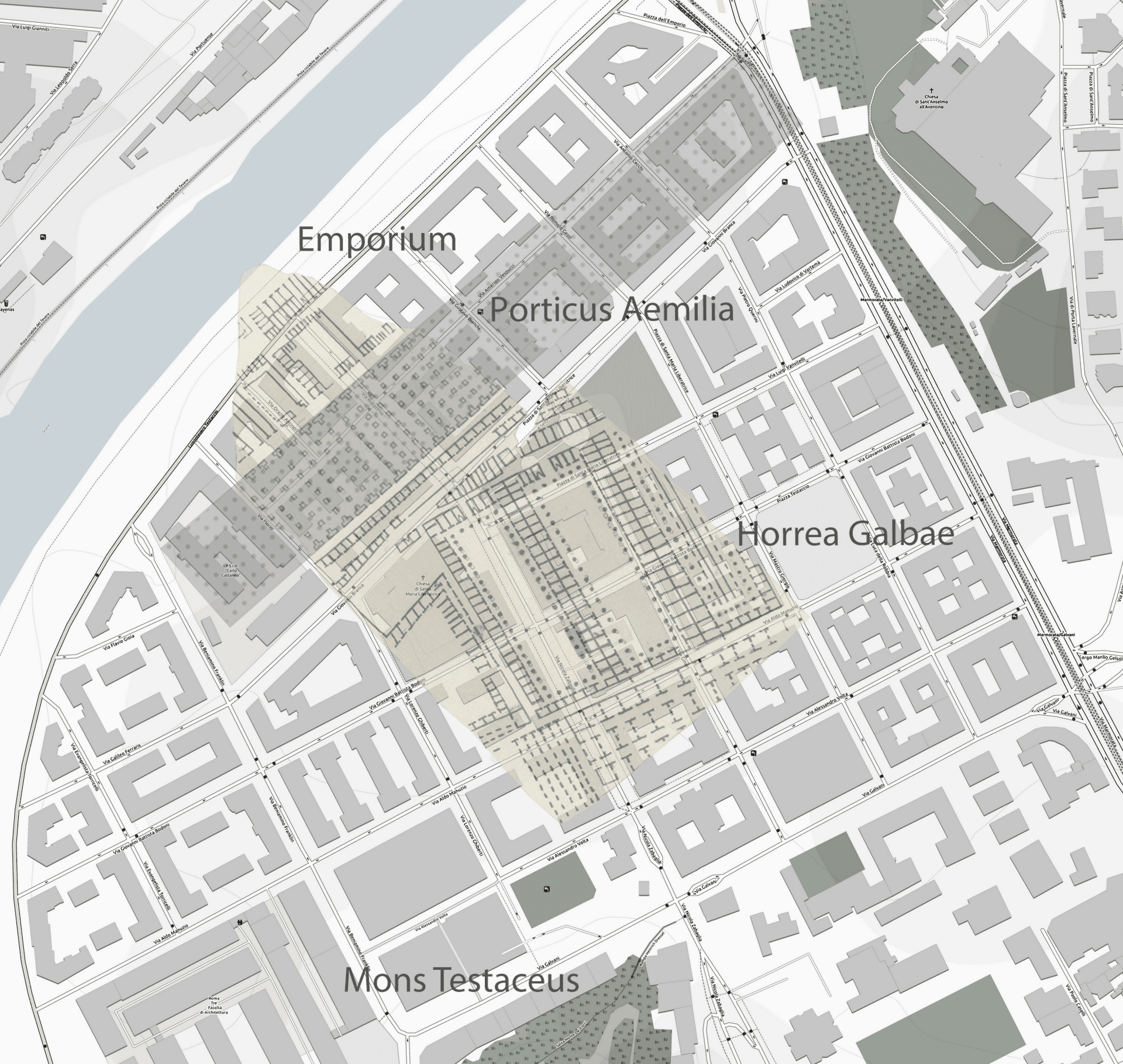 Map of Testaccio, Rome, ancient buildings