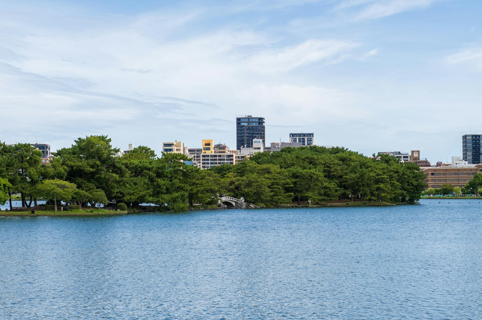 Serene view of an urban skyline with a lush green island by the water, perfect for cityscape themes.