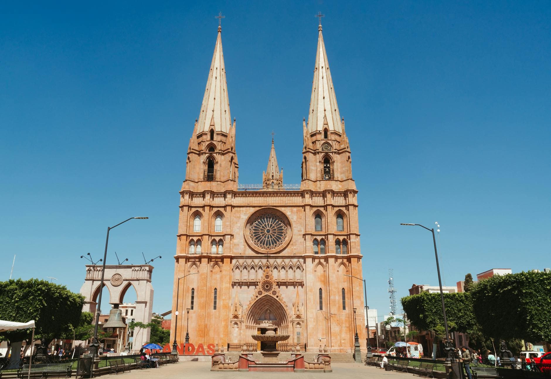 Beautiful view of the Guadalajara Cathedral with bright clear sky, showcasing its intricate architectural design.