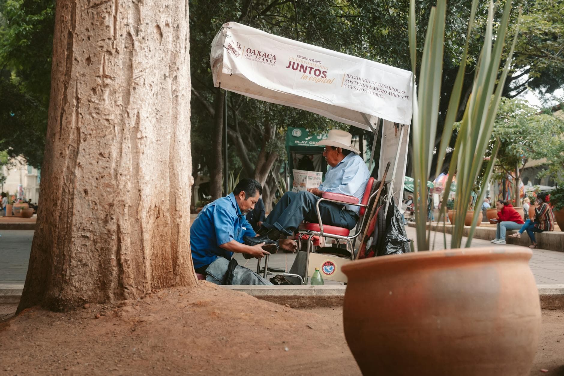 A shoeshiner polishes shoes in a bustling park in Oaxaca de Juárez, Mexico.