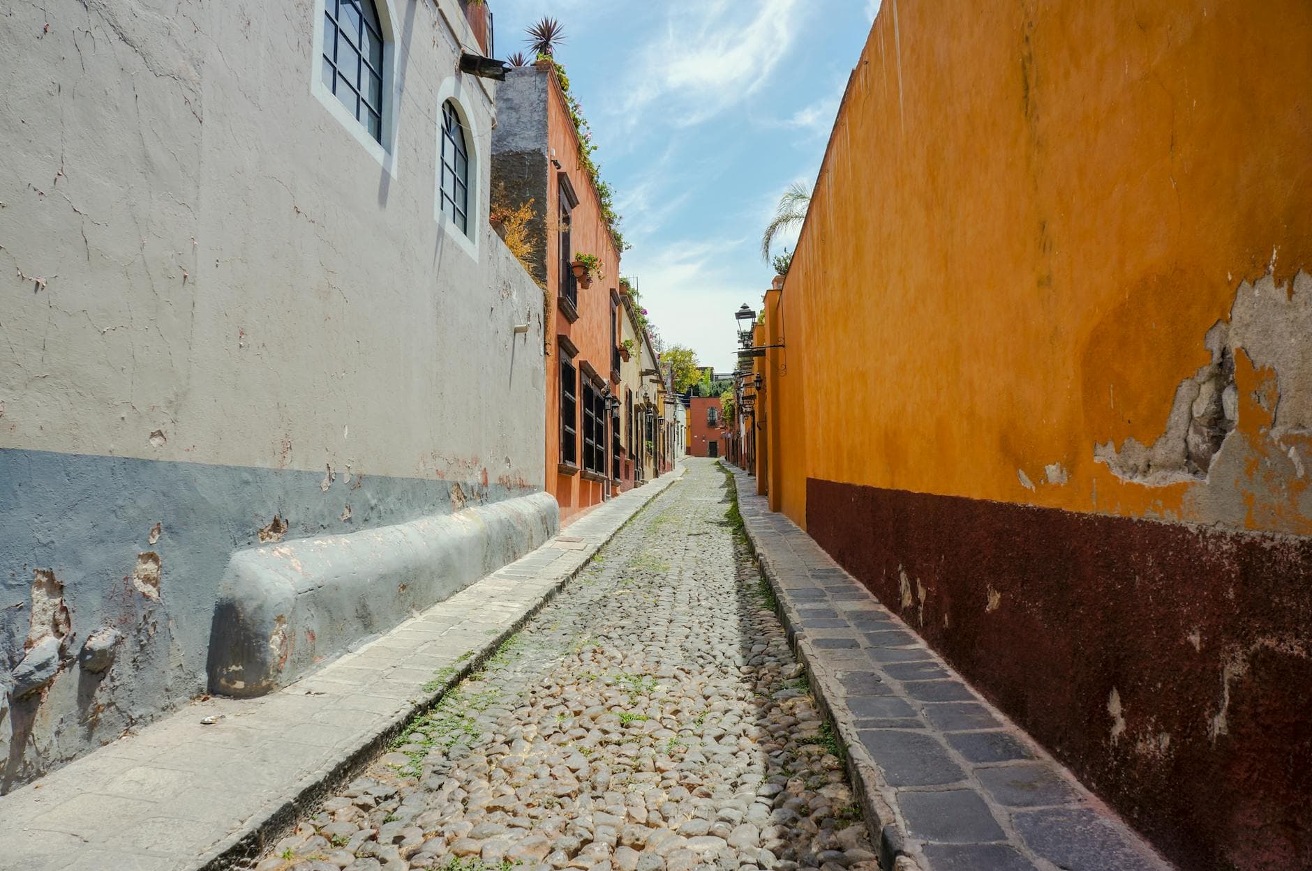 Charming cobblestone alley with colorful houses in San Miguel de Allende, Mexico.