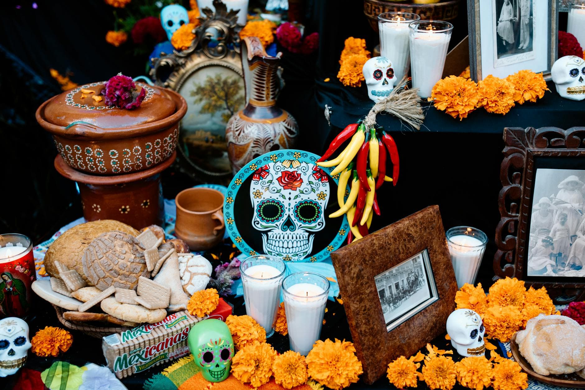 Vibrant Day of the Dead altar with offerings in Guadalajara.