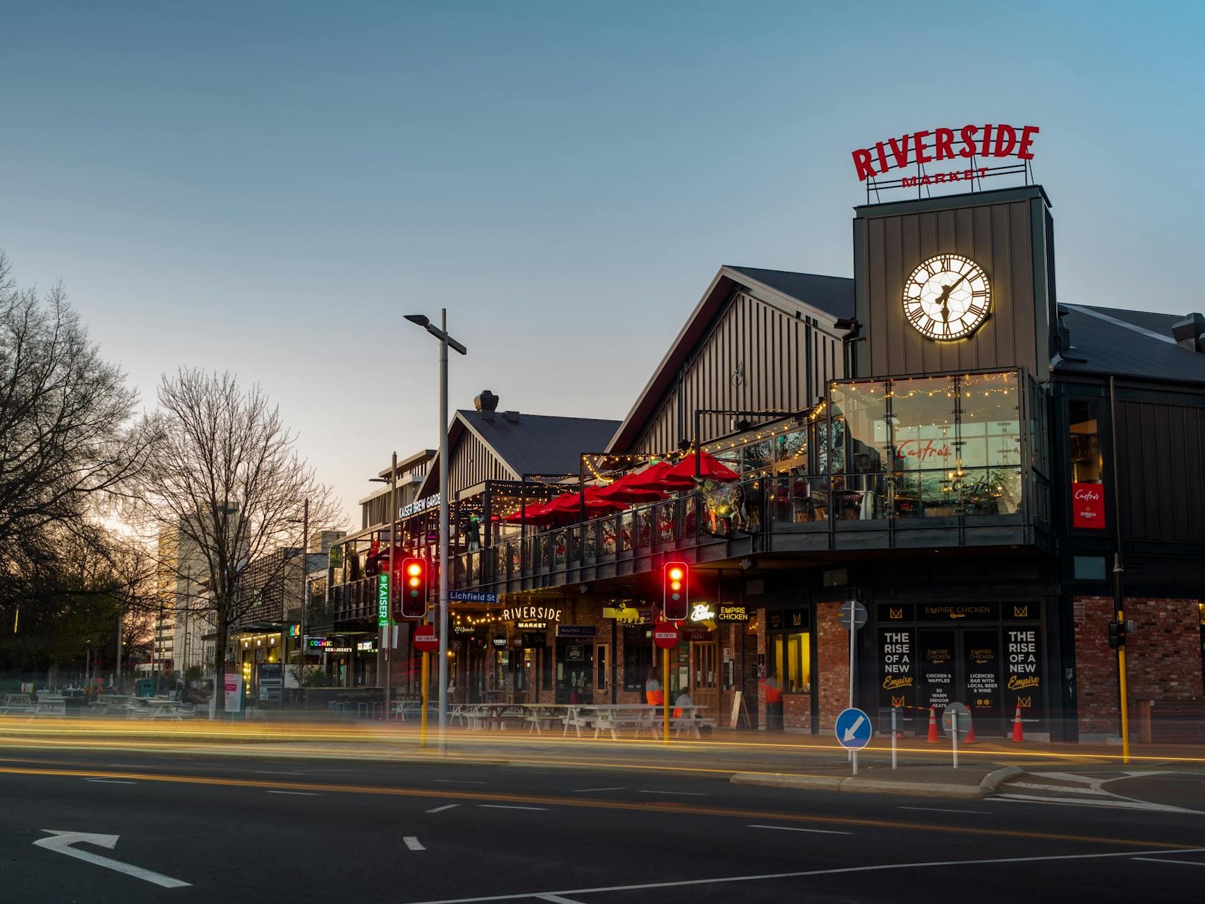 Scenic shot of Riverside Market, Christchurch, with twilight ambiance and modern architecture.