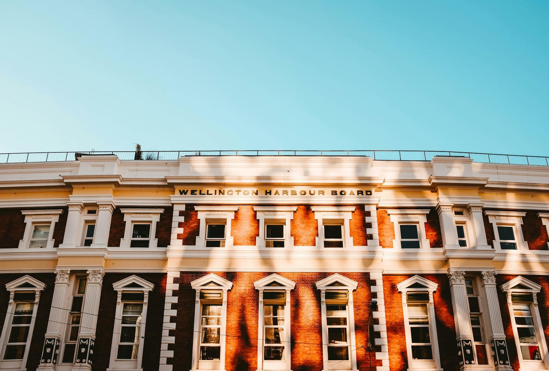 Stunning view of Wellington Harbour Board's historic facade in light and shadow.