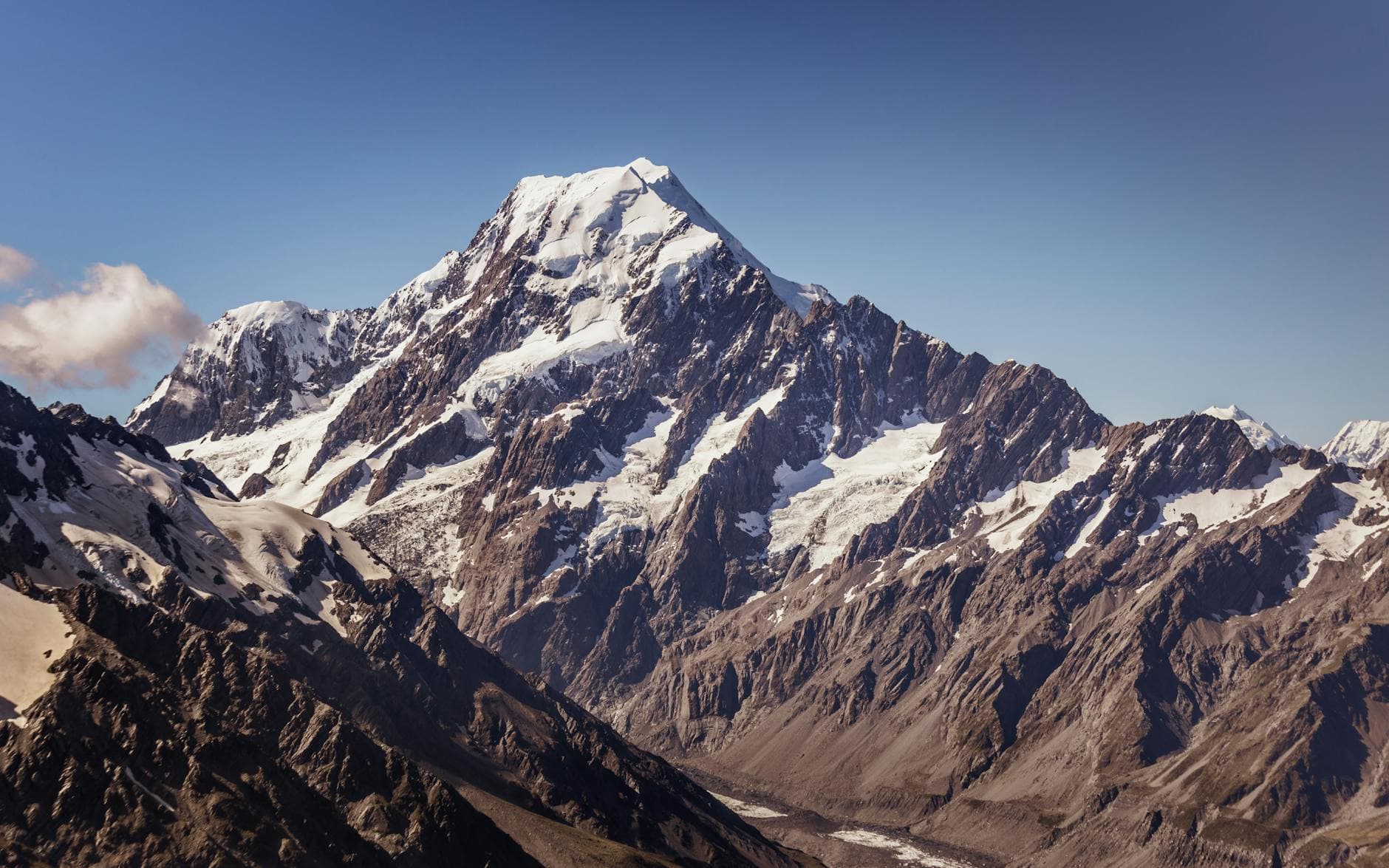 A breathtaking view of the snow-capped Aoraki Mount Cook in the Southern Alps of New Zealand.