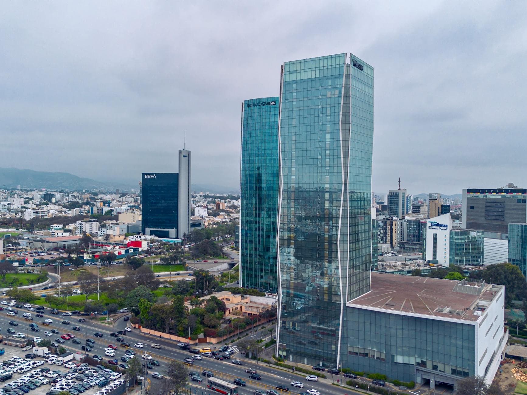 Drone shot of Lima's skyline with modern skyscrapers in the Callao Region.