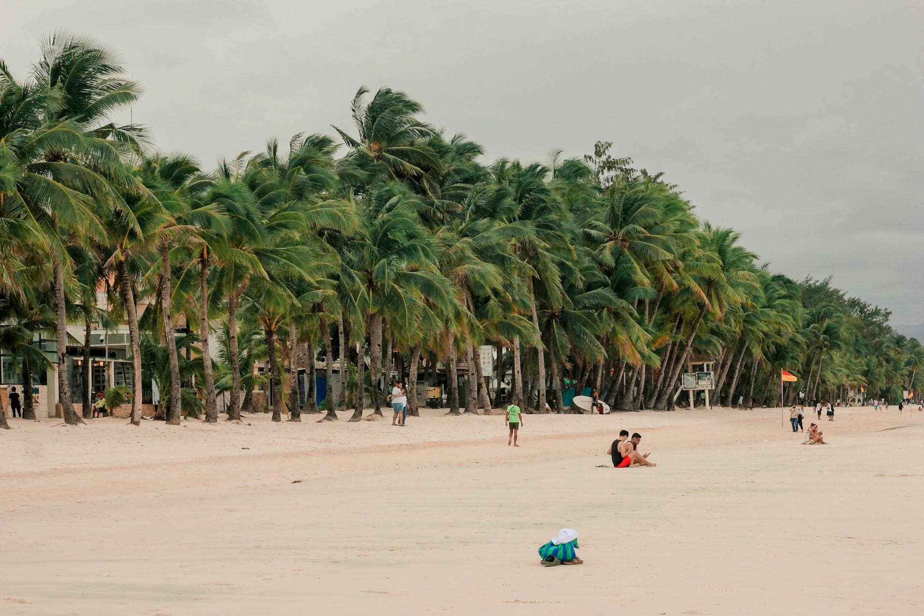 Tropical beach with lush palm trees and visitors in Boracay, Philippines.
