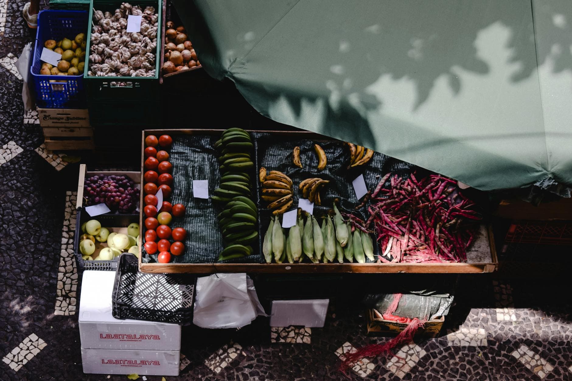 Colorful display of fresh fruits and vegetables at Funchal market, Madeira.
