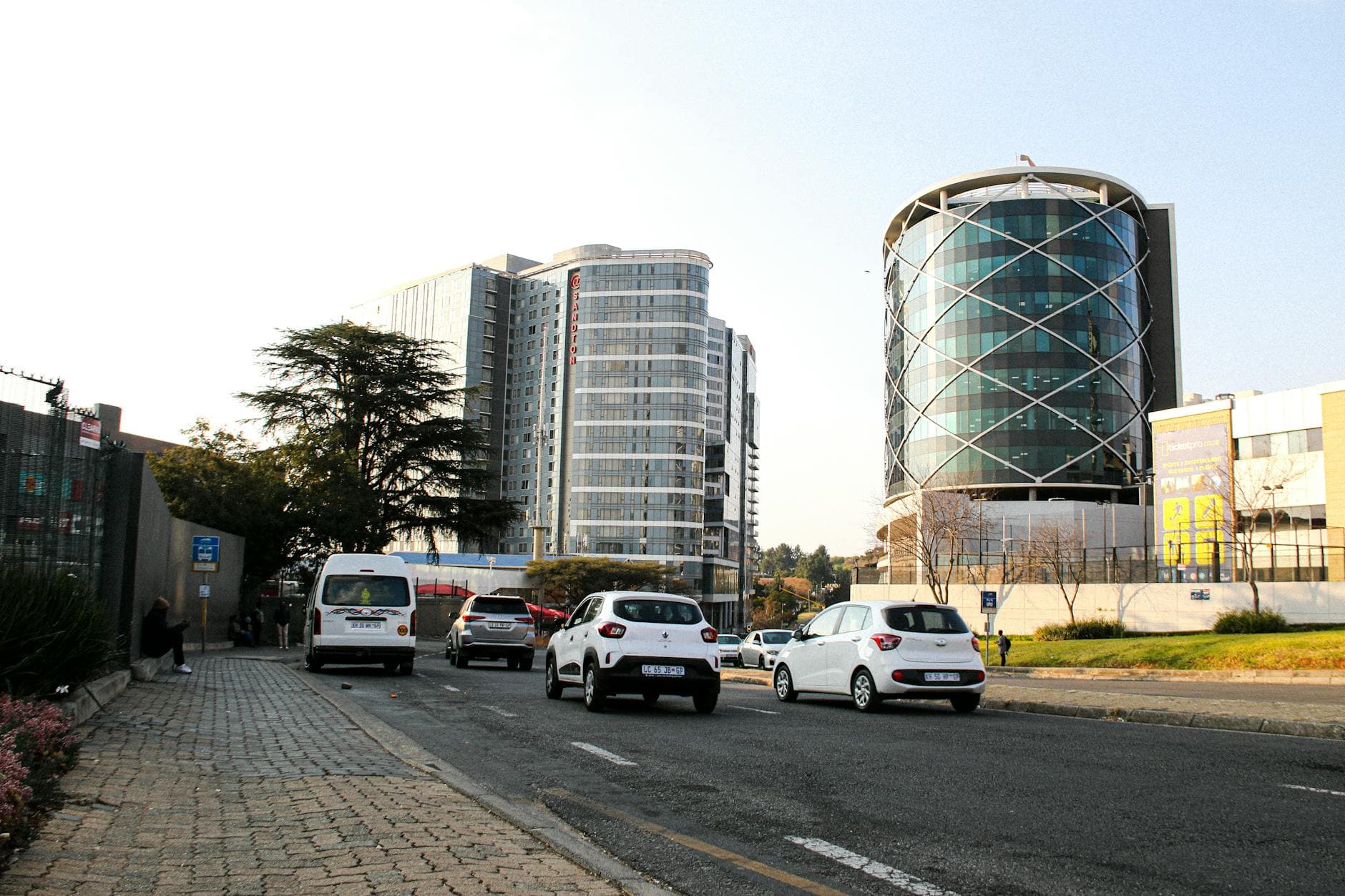 Urban scene of Johannesburg showing modern buildings and street traffic.