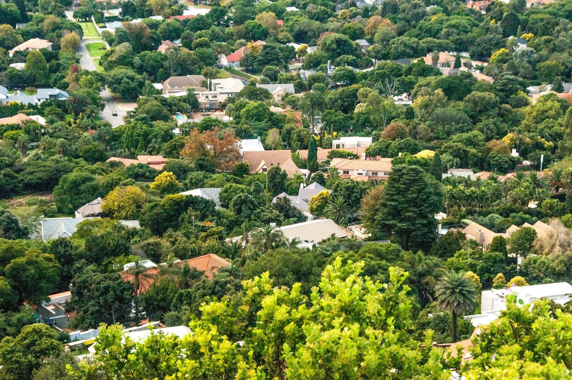 A lush aerial view of a suburban neighborhood surrounded by greenery in South Africa.