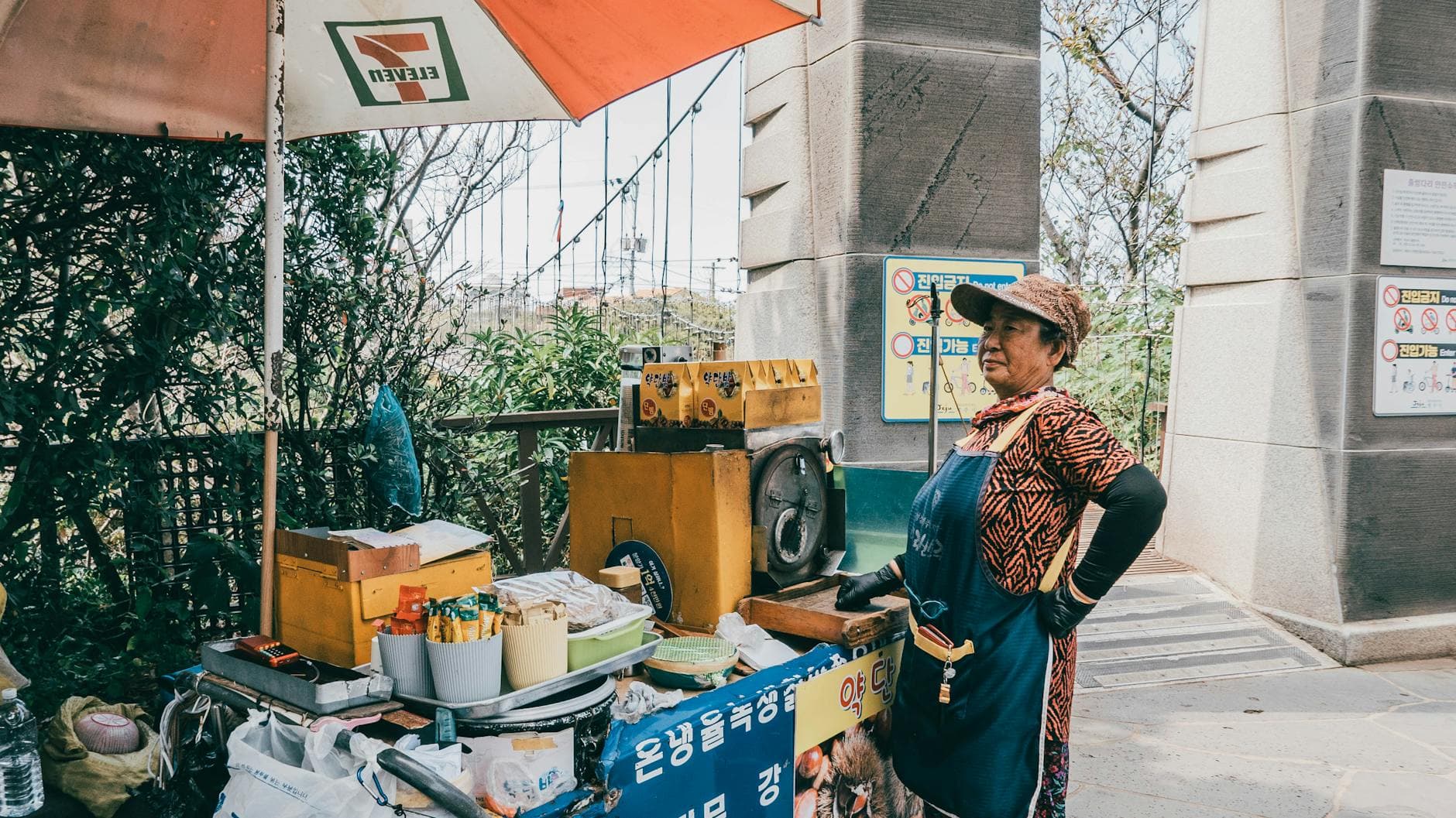 A female street vendor by her food cart in Jeju-si, South Korea on a sunny day.