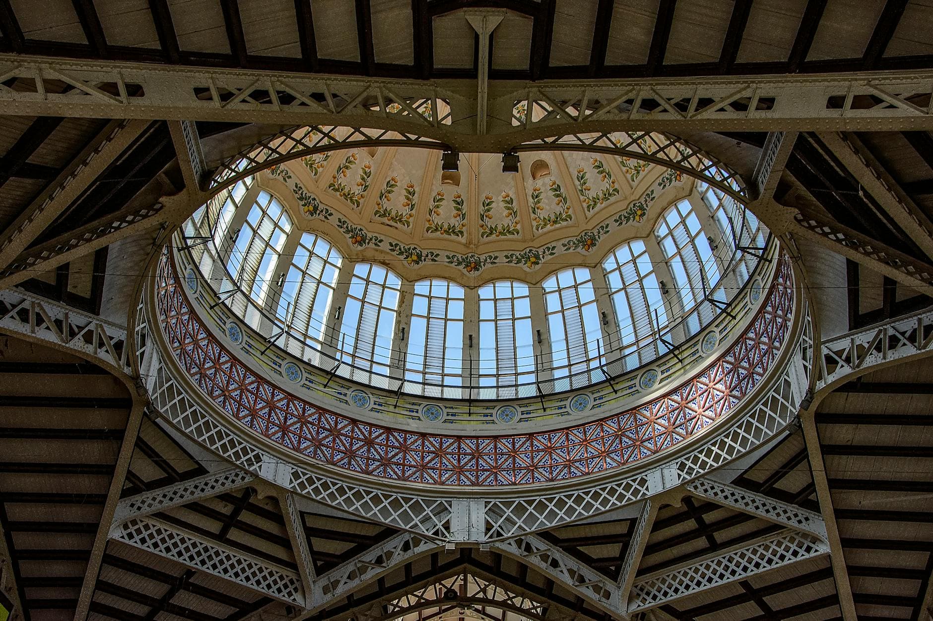 Detailed view of the Mercado Central's dome in Valencia, showcasing intricate architecture and design.