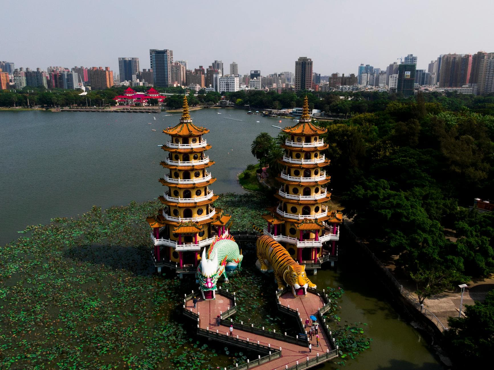 A stunning aerial view of the iconic Dragon and Tiger Pagodas at Lotus Pond, Kaohsiung, Taiwan.