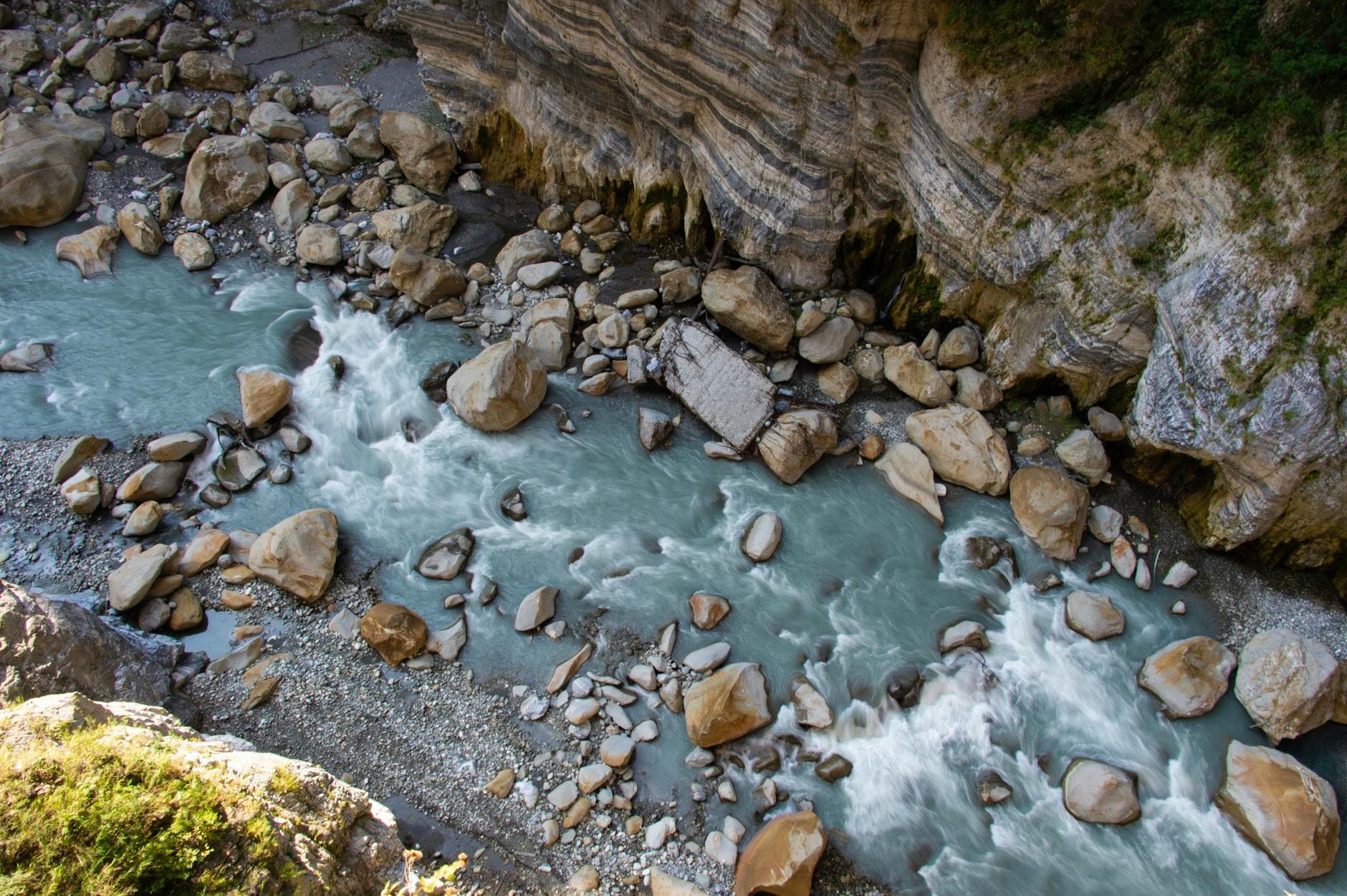 Stunning aerial view of rocky river flow in Xiulin Township, Taroko Gorge, Taiwan.