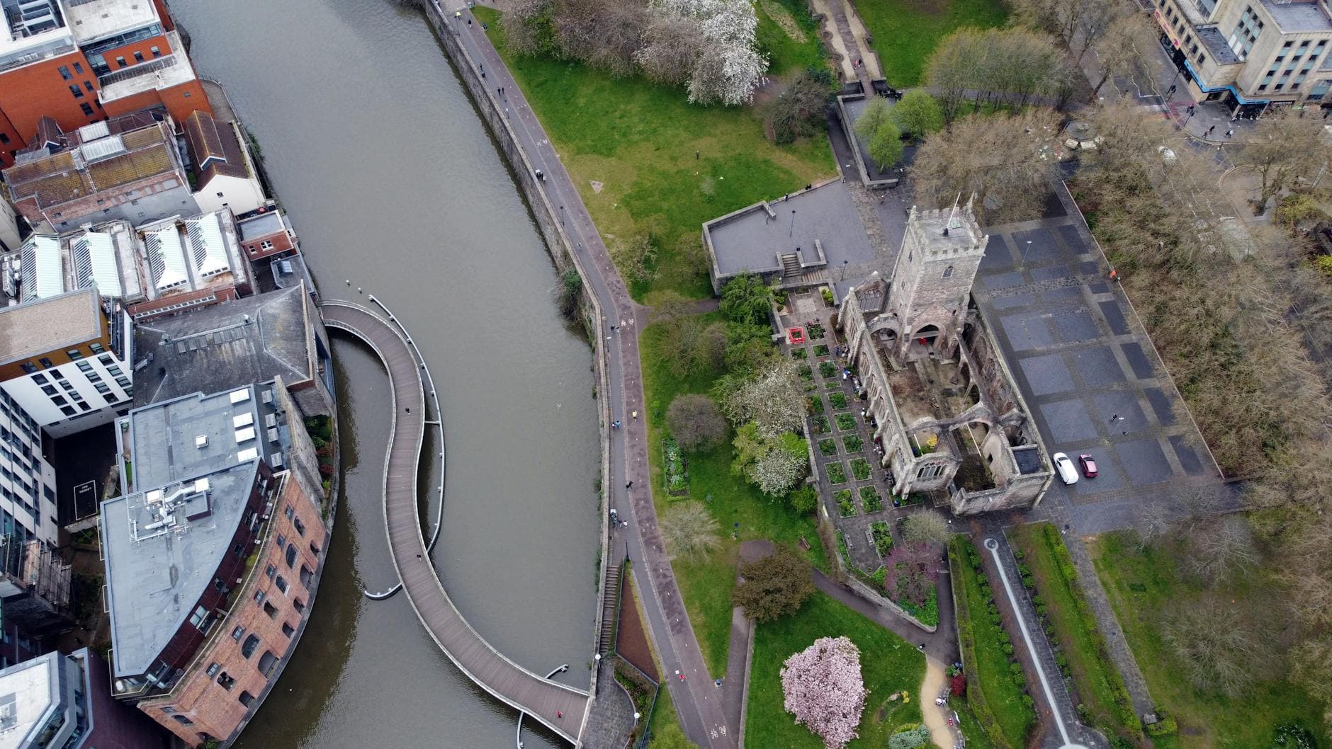 Aerial view of St Peter's Church and surroundings in Bristol, England.