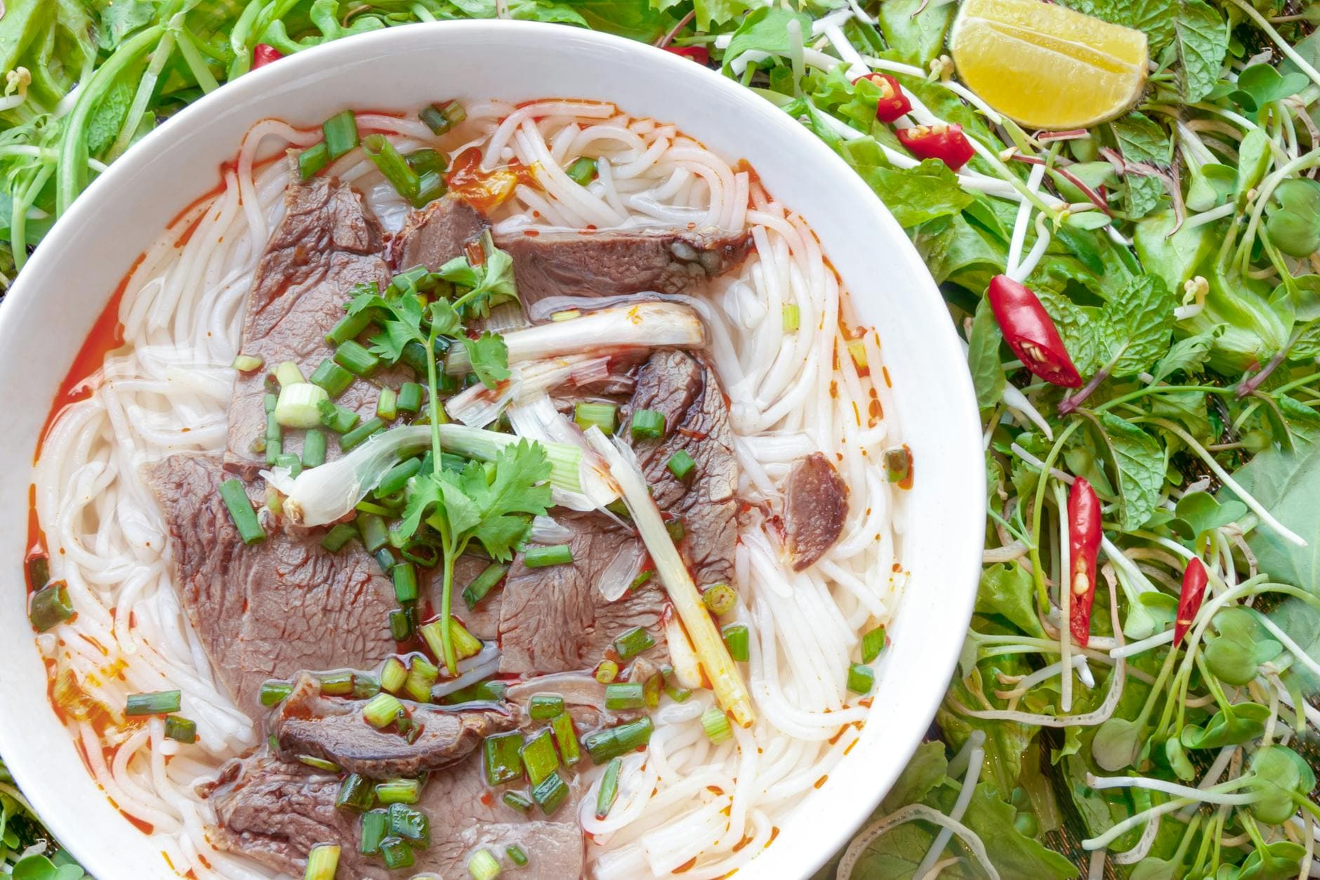 Bowl of Vietnamese pho with beef, herbs, and noodles surrounded by fresh ingredients.